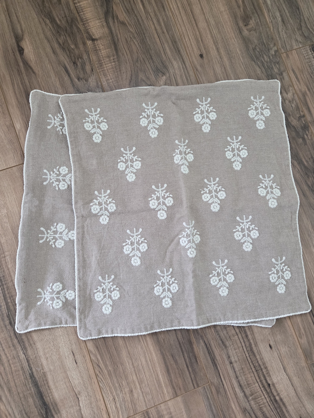2 Taupe Decorative Pillow Covers with White Embroidered Motifs - Neutral Accent